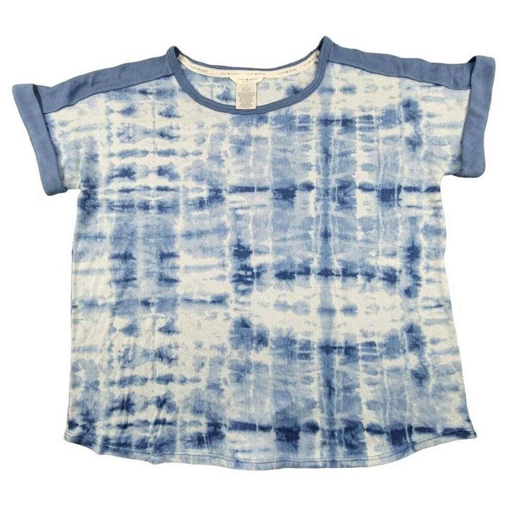 Lucky Brand Womens Knit Top Tie Dyed in Blues and White size Large  JH1058